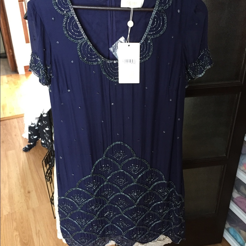 NWT Midnight blue/ navy Candela Silk beaded "Gideon" dress med - Free people
